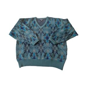 Vintage Boulevard Big Man Teal Geometric V-Neck Knit Sweater 2X Retro 90s Block